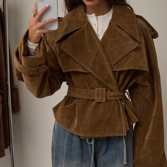 Brown Women's Casual faux Suede Long-Sleeve Belted mini Trench Coat - Picture 6 of 8